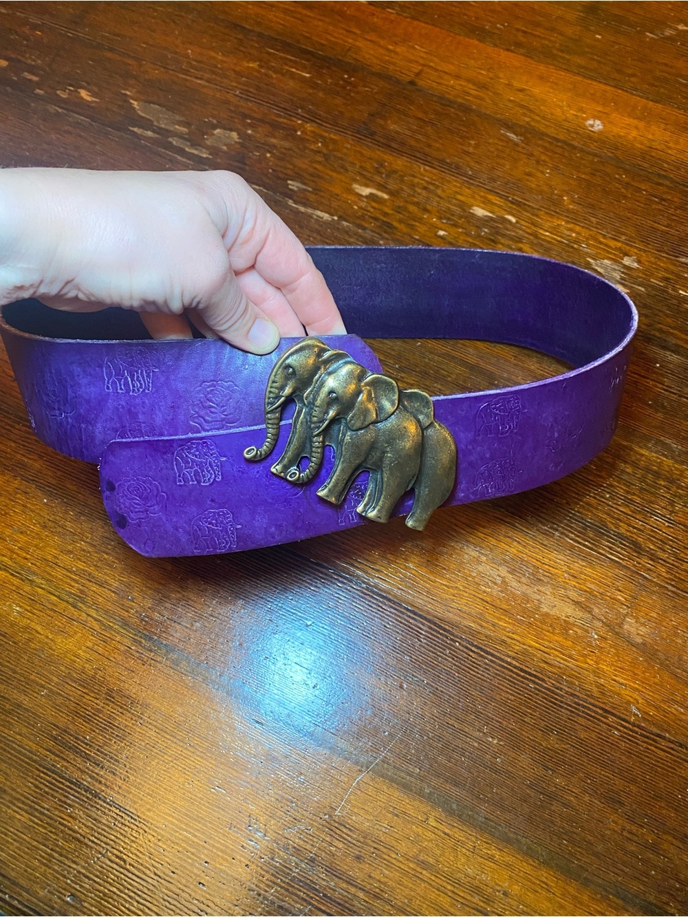 EUC True Vintage Purple Leather Belt w/ Brass Elephant Buckle Accent